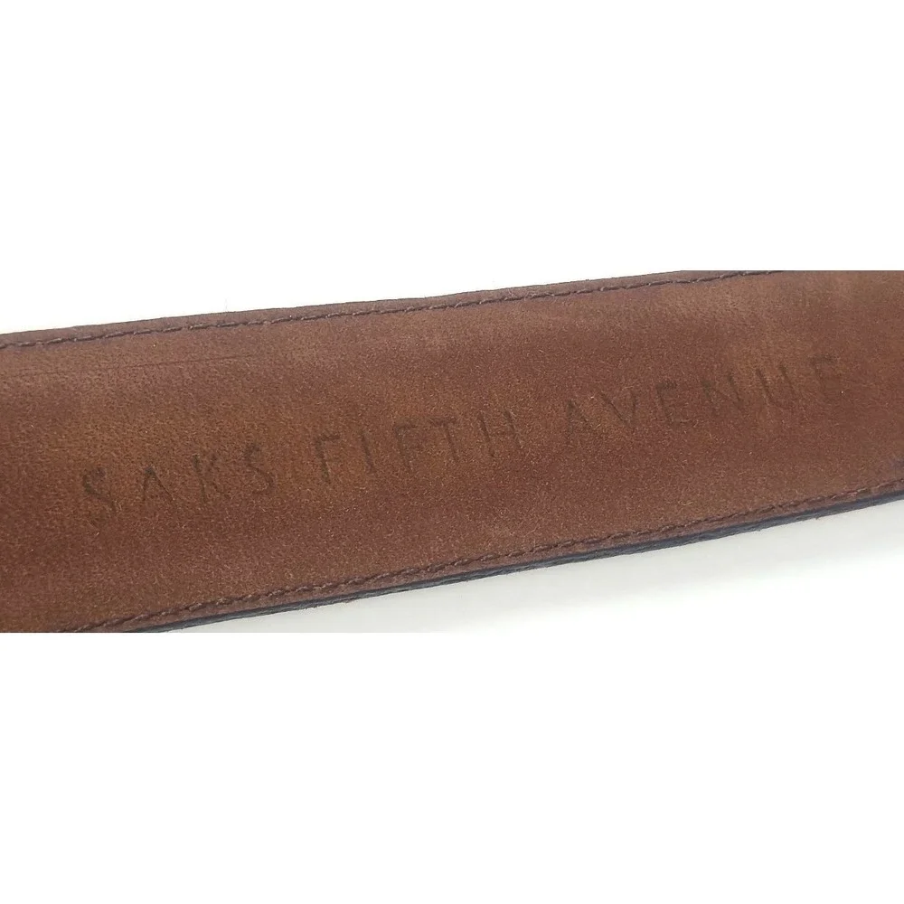 AS IS Saks Fifth Avenue Belt 38 M-3832 Spain Brown Leather Linen - MISSING PRONG